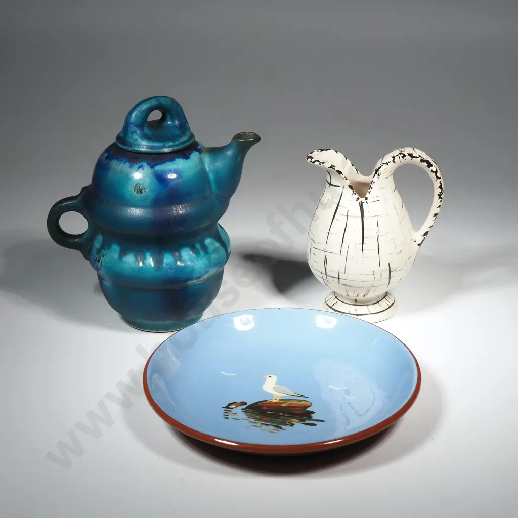 Unusual Small Pottery Teapot, Black & White Grizelle Jug & a Small Devon Pottery Plate Image 1++