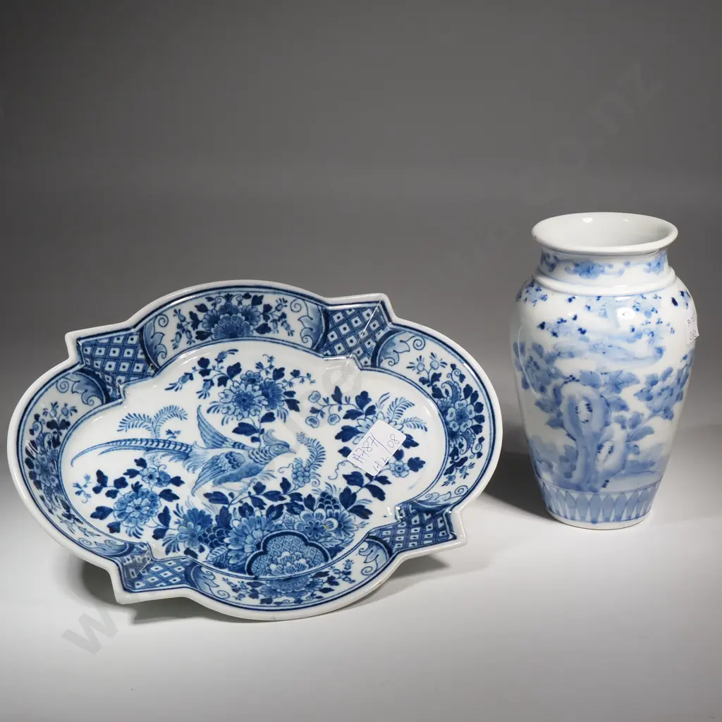 Blue & White Baluster Shape Vase w Oriental Decoration & a Shaped Blue & White Dish w Bird Image 1++