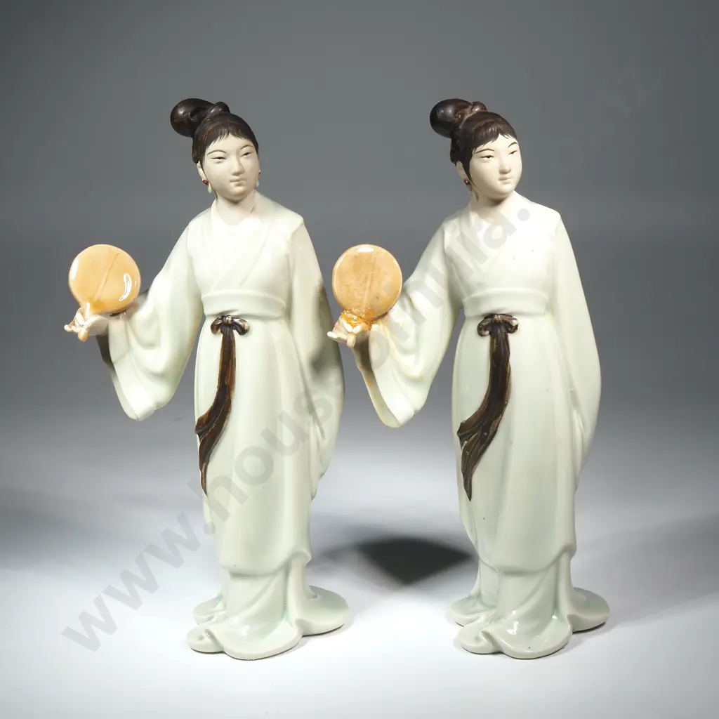 Vintage Pair of Chinese Porcelain Ladies w Pale Celadon Glaze Image 1++