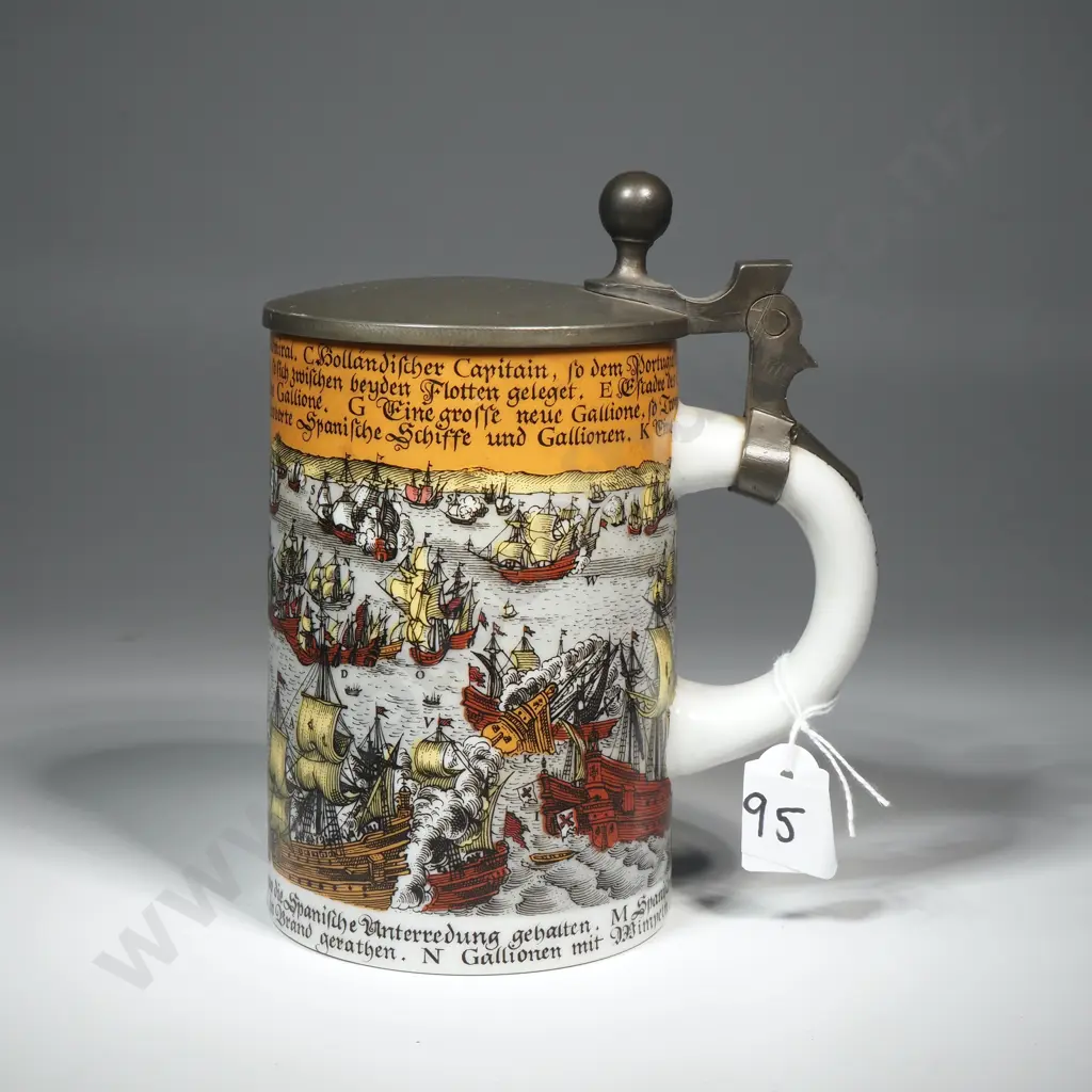 German Ceramic Beer Stein w Pewter Lid Image 1++