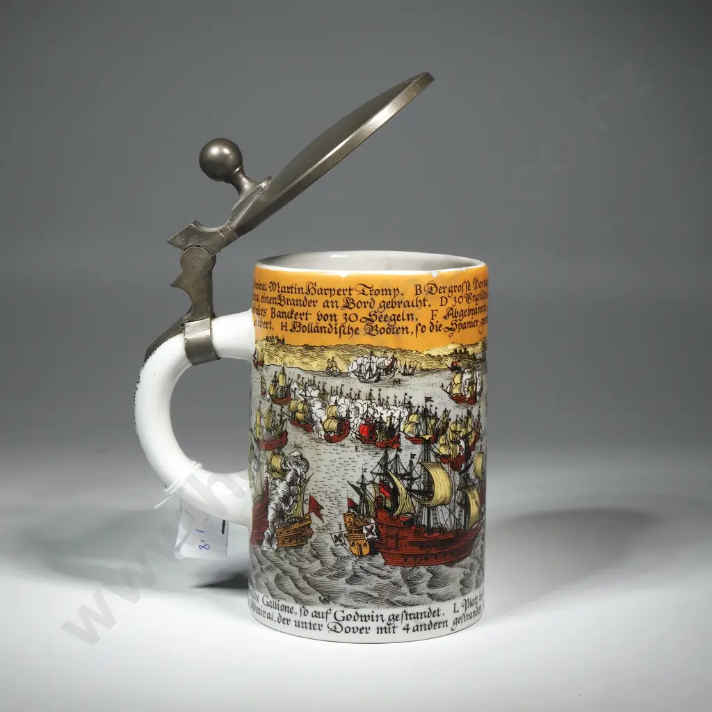 German Ceramic Beer Stein w Pewter Lid Image 1++