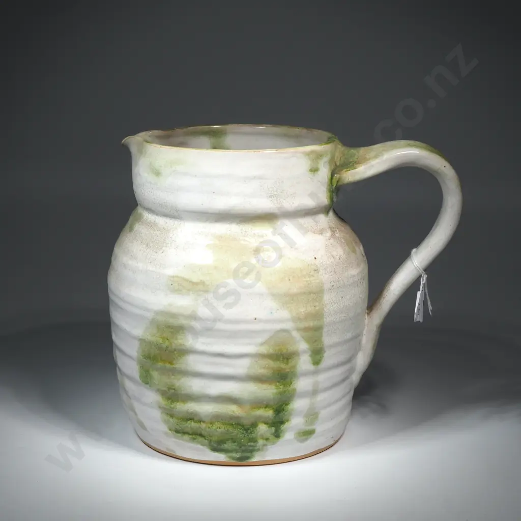 Pottery Jug/Pitcher  w White   Ribbed Crackle Glaze Body & Green Accents  Image 1++