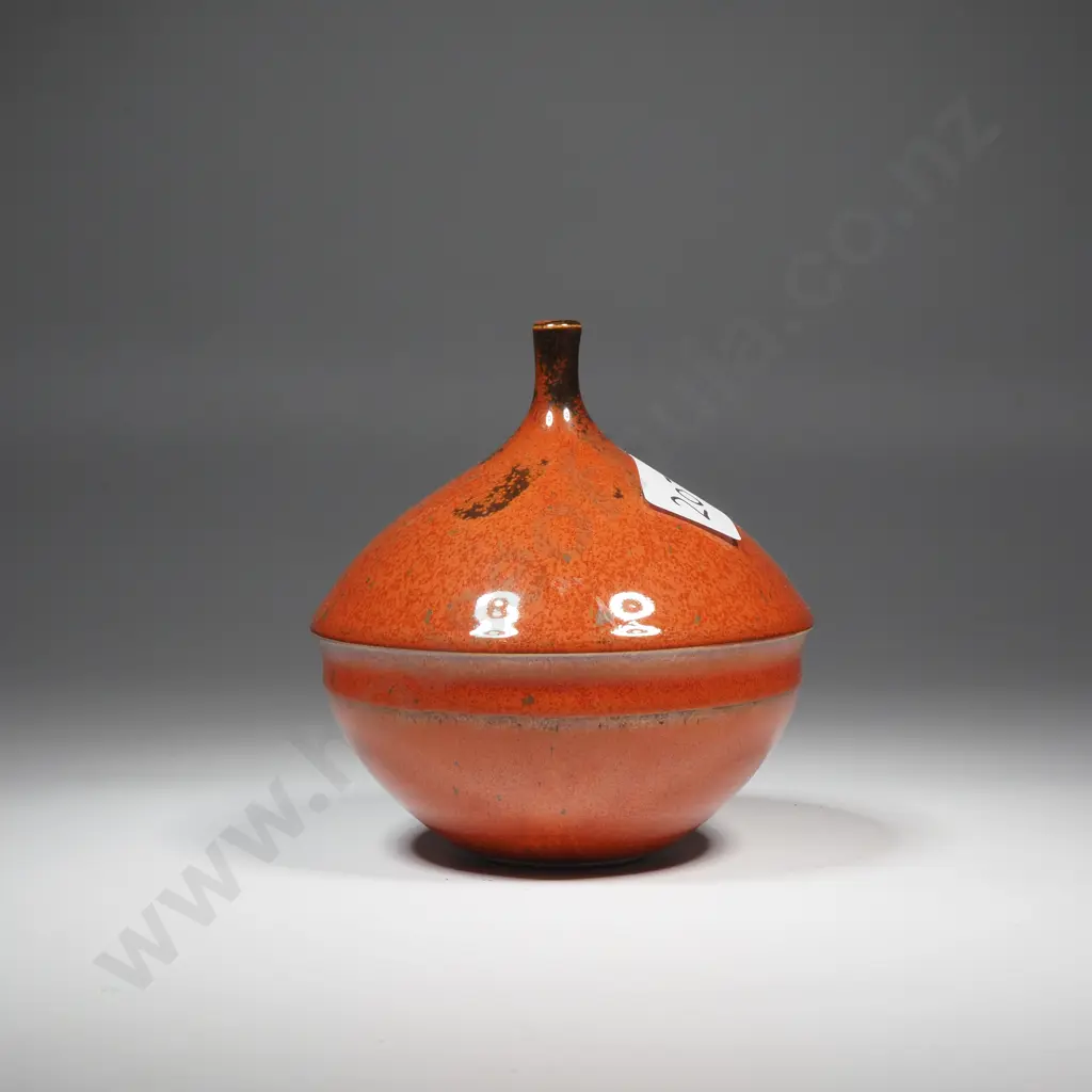 New Zealand Art Pottery Vase w Glossy Orange & Brown Crystalline Glaze  Image 1++
