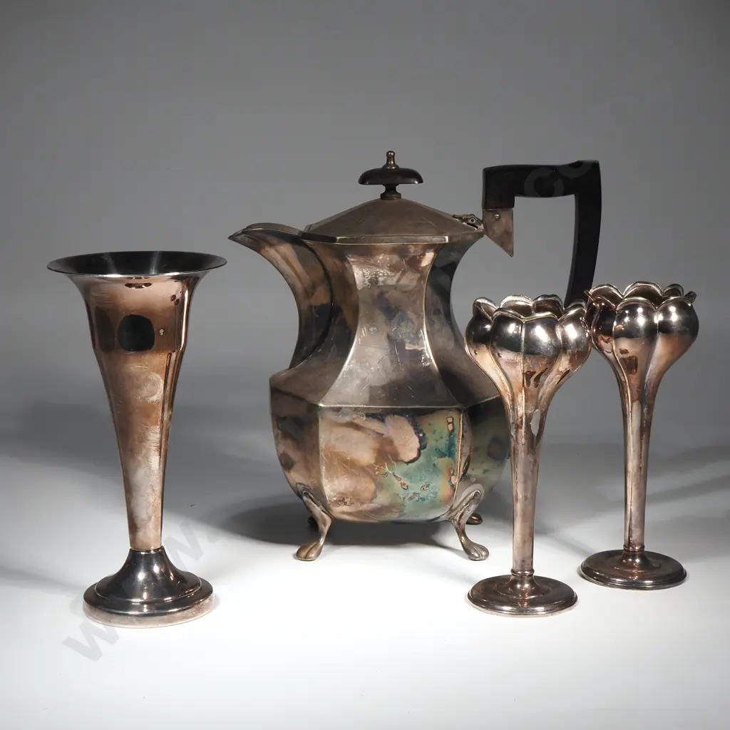 Silver Plate Bud Vases & Water Jug Image 1++