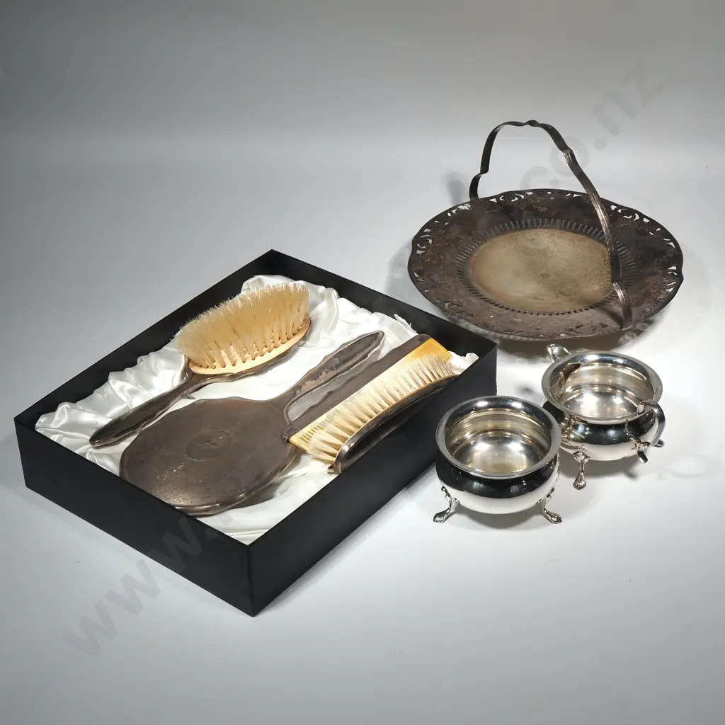 Boxed Four Piece EPNS Dressing Table Set A/F,  S/P Silver Jug & Sugar Bowl & S/P Basket A/F Image 1++