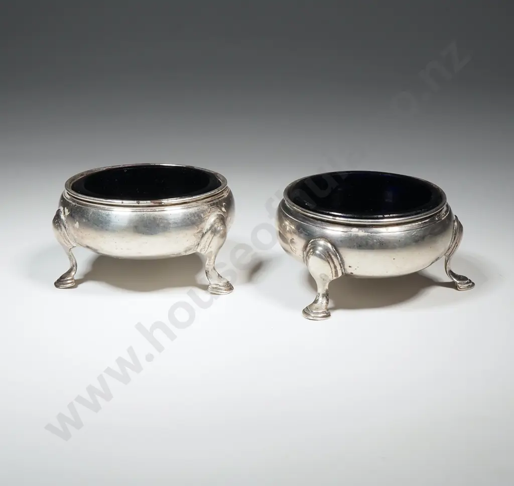 Pair of Antique Sterling Silver Open Salts w Blue Glass Liners - Hallmarked for London 1863 Image 1++