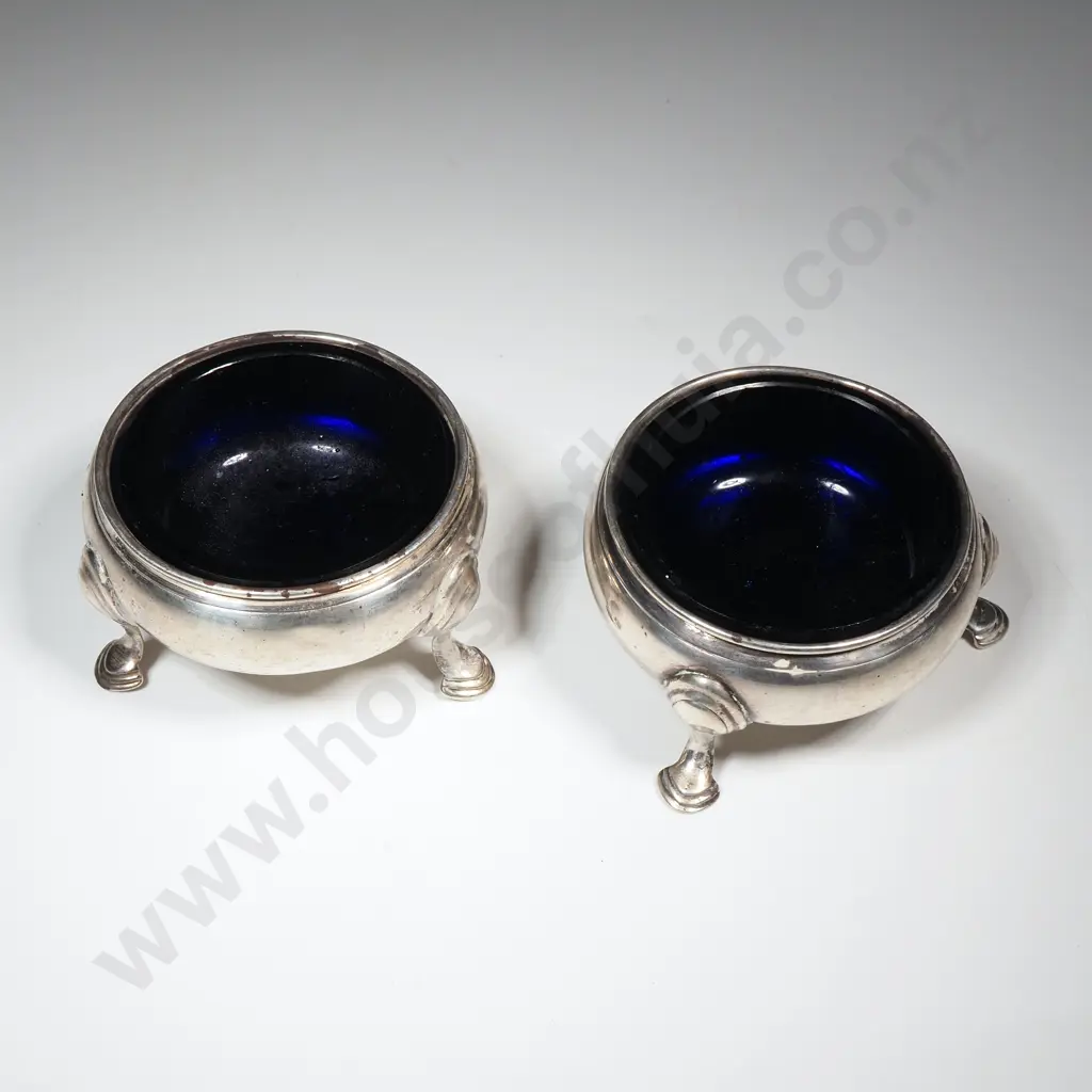Pair of Antique Sterling Silver Open Salts w Blue Glass Liners - Hallmarked for London 1863 Image 1++