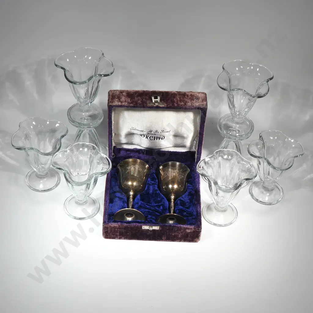 Eight Vintage Fluted Glass Sundae Dishes, & Two Silver-Plated Goblets w Purple Velvet Hinged & Lined Case Image 1++