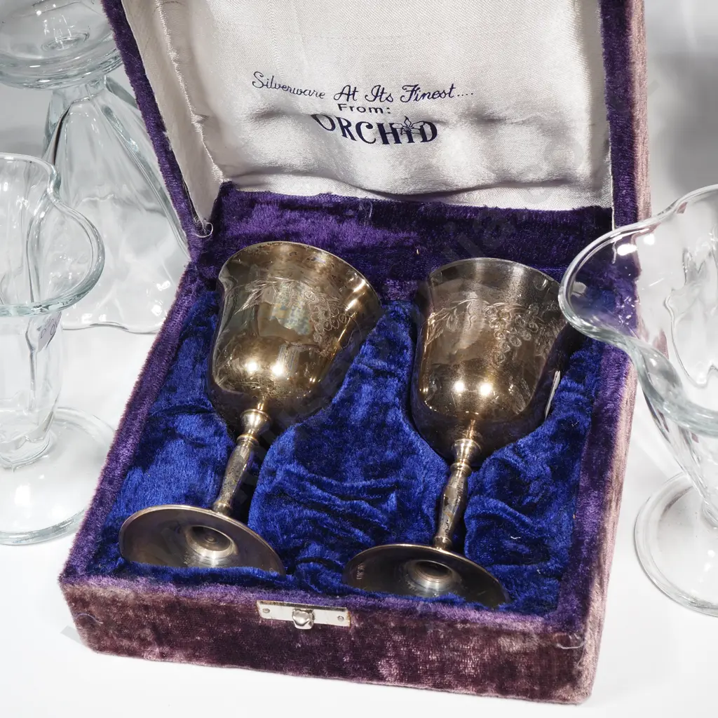 Eight Vintage Fluted Glass Sundae Dishes, & Two Silver-Plated Goblets w Purple Velvet Hinged & Lined Case Image 1++