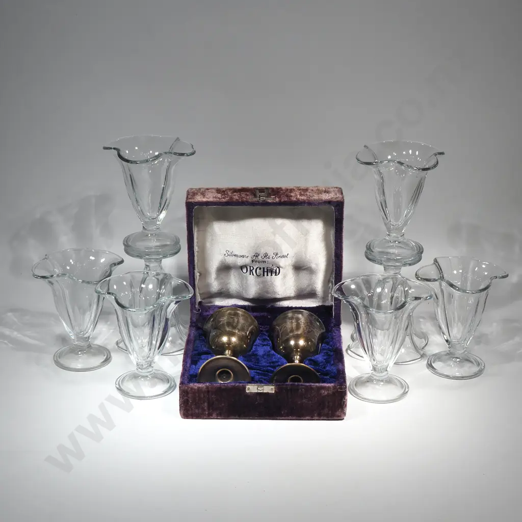 Eight Vintage Fluted Glass Sundae Dishes, & Two Silver-Plated Goblets w Purple Velvet Hinged & Lined Case Image 1++