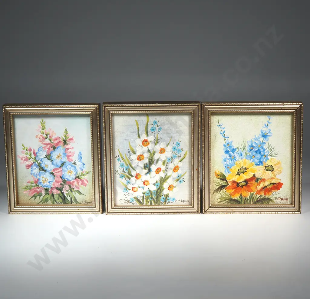 P Rowe, Three Miniature Framed Floral Artworks Image 1++