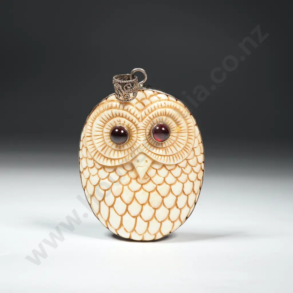 Sterling Silver Carved Bone Owl Pendant  Image 1++