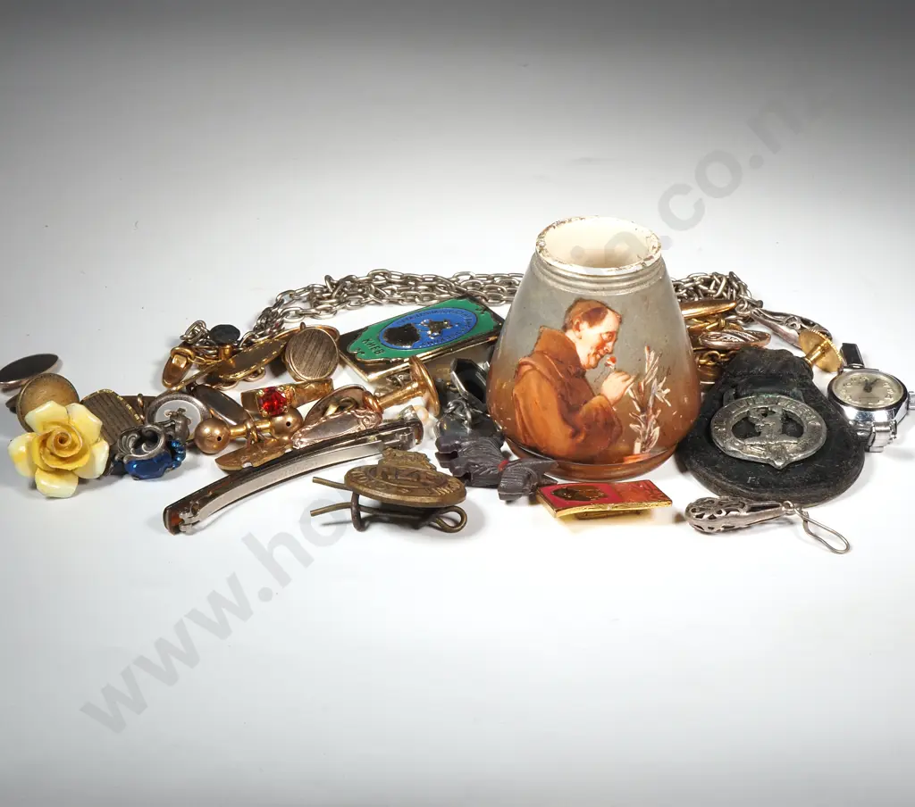 Assorted Lot of Jewellery, Watch, Badges, a Chain & a Miniature Vase Image 1++