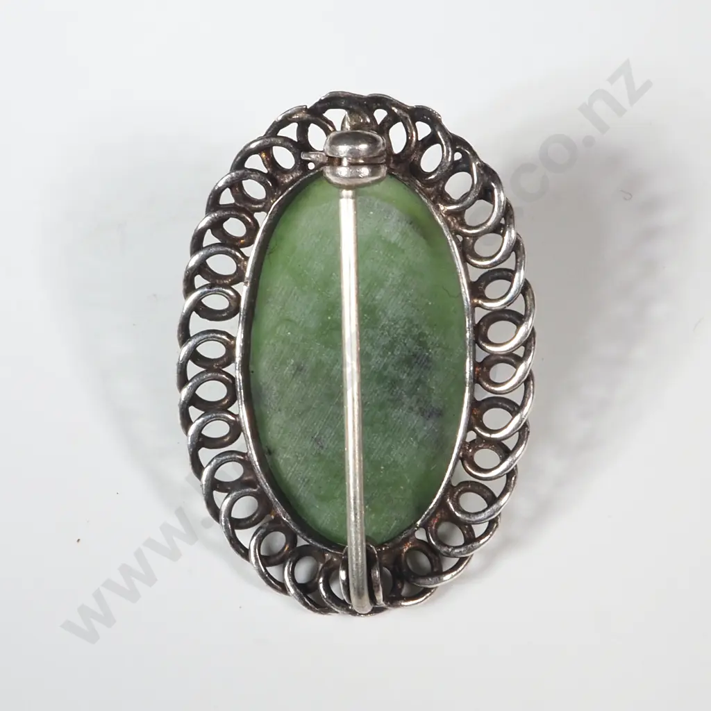 Sterling Silver & Greenstone Brooch Image 1++