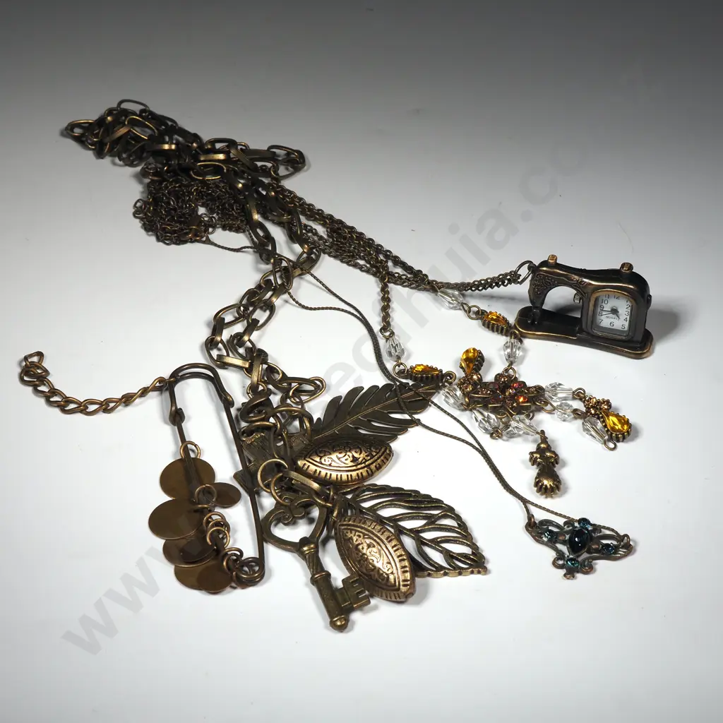 Brass Necklace w Various Pendants, Two Edwardian Style Choker Necklaces & a Novelty Watch Pendant Image 1++