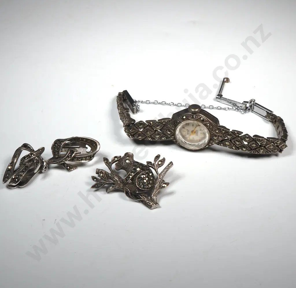 Marcasite Watch, Marcasite Koala Bear Brooch & Pair Of Marcasite Earrings  Image 1++