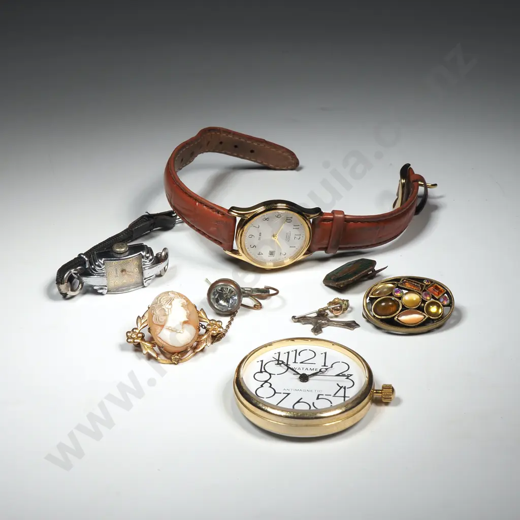 Collection Of Items To Include Watame Pocket Watch, Citizen Wristwatch, Gold Plated Cameo Brooch, Miniature Cross  Image 1++