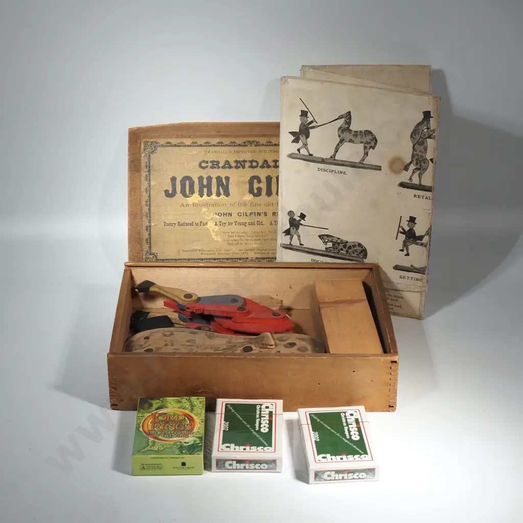 Antique Toys w Instructions in Original Wooden Box & Three Sets Playing Cards Image 1++