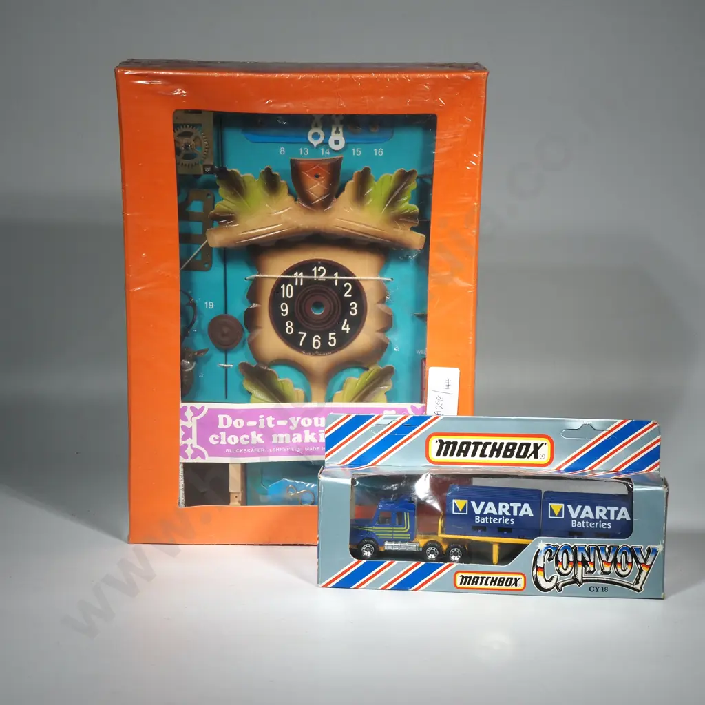 A Do It Yourself Clock Making Kit & Matchbox Convoy Scania Double Container Truck Varta Batteries. MIB Image 1++