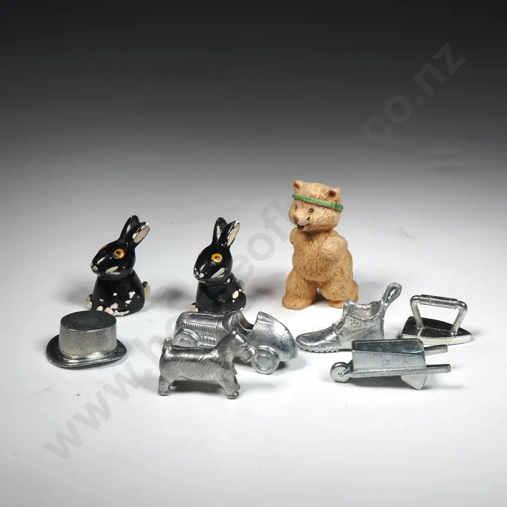 Lot of Very small Items - Silver Coloured Monopoly Pieces, Two Plastic Rabbits & a Resin Teddy w Headband Image 1++
