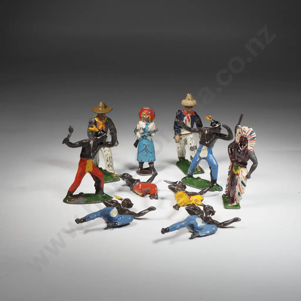 Seven Britains Vintage Painted Hollow-Cast Lead American Indians, Two Cowboys & a Cowgirl Image 1++