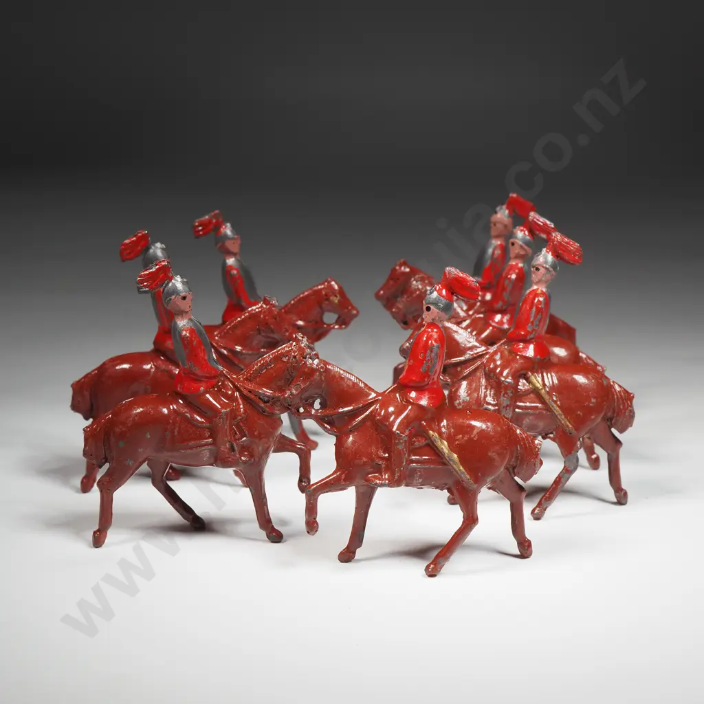 Seven Britains Vintage Painted Hollow-Cast Lead Toy Soldiers on Horseback - Red & Brown Image 1++
