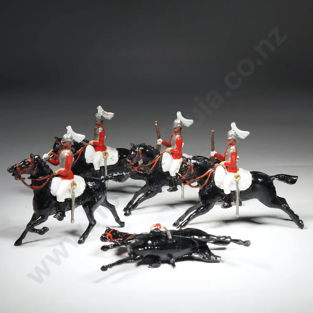 Five Britains Vintage Painted Hollow-Cast Lead Mounted Toy Soldiers - Red/Black/White Image 1++