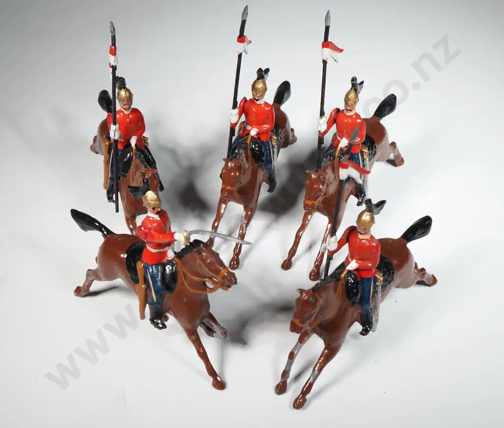 Five Britains Vintage Painted Hollow-Cast Lead Dragoon Guards Mounted Toy Soldiers - Red/Black/White Image 1++