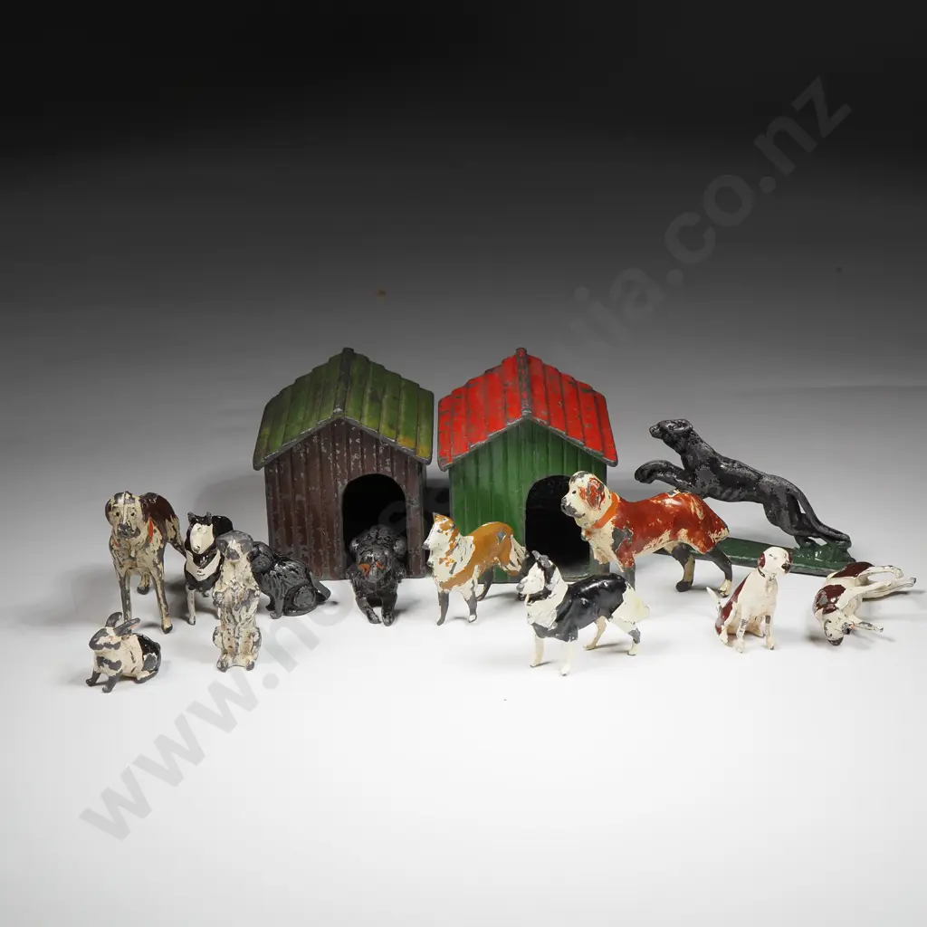 Ten Britains Vintage Painted Hollow-Cast Lead Dogs, a Cat, a Rabbit & Two Kennels Image 1++