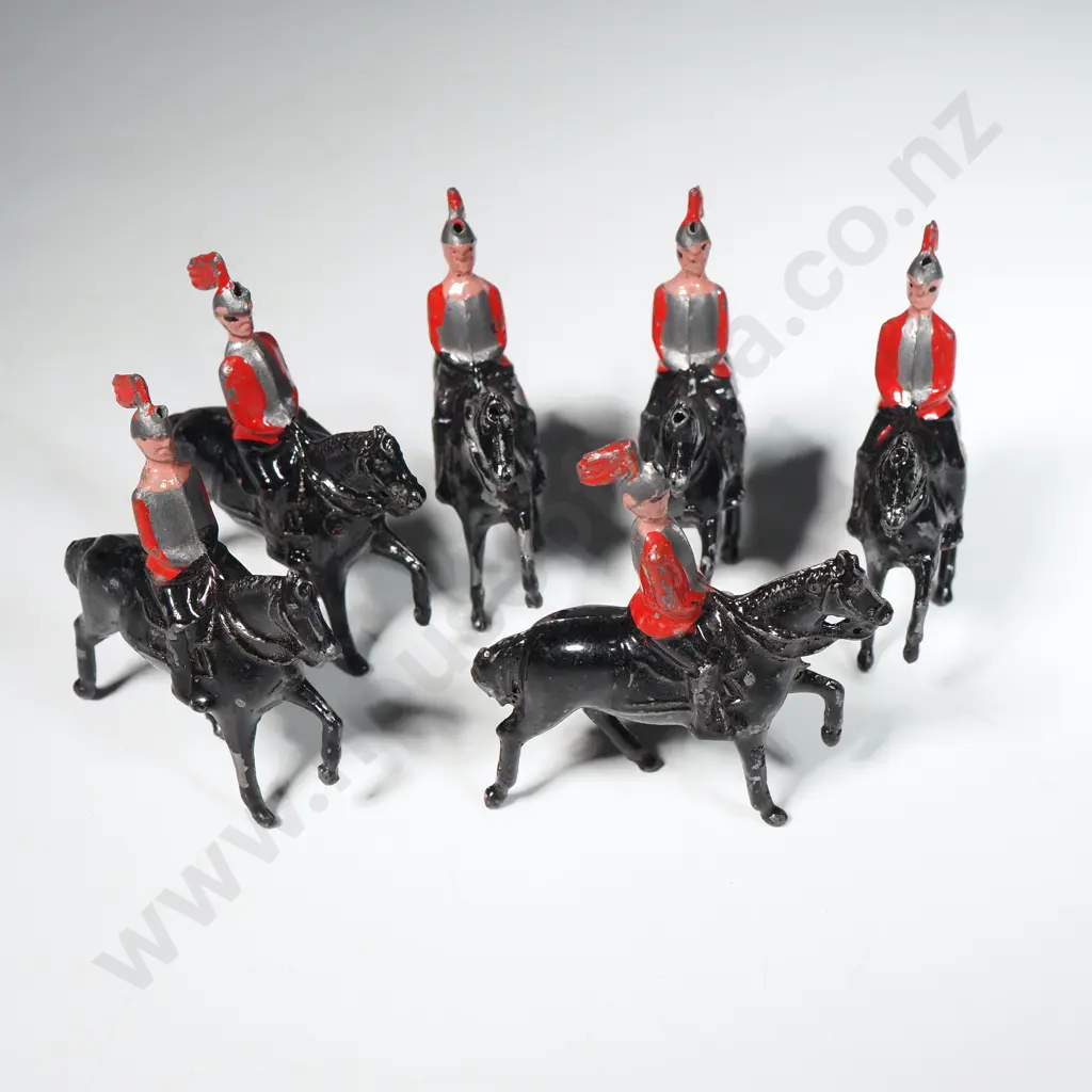 Six Britains Vintage Painted Hollow-Cast Lead Mounted Toy Soldiers - Red/Black Image 1++
