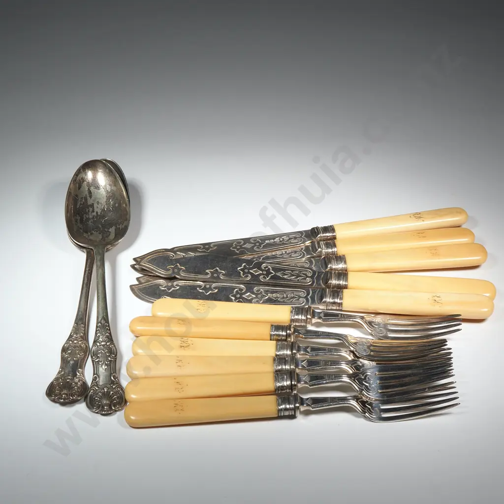 Six Fish Knives & Five Forks w Bone Handle & Two Kings Pattern Serving Spoons Image 1++