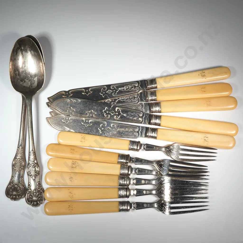 Six Fish Knives & Five Forks w Bone Handle & Two Kings Pattern Serving Spoons Image 1++