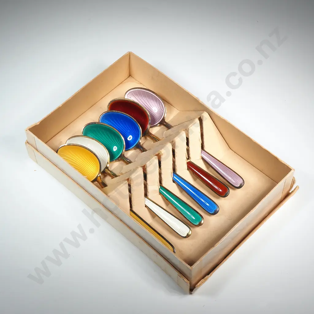 Cased Set of Six Norwegian gilded Sterling Silver & Enamel Spoons Image 1++