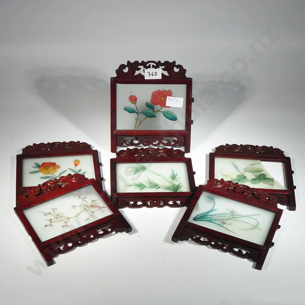 Japanese Timber & Glass Five Panel Table Screen With Floral Decoration  Image 1++