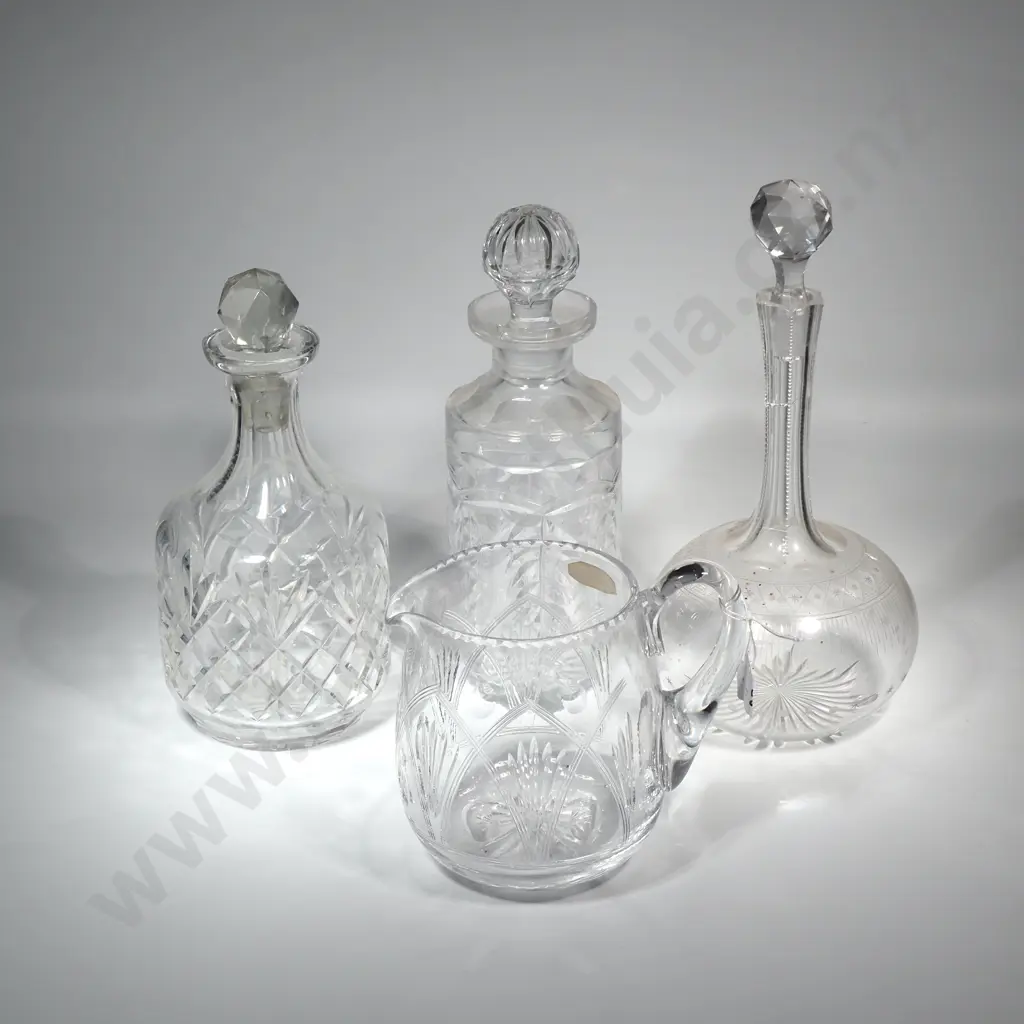 Three Vintage Decanters (A/F) & A Harbridge English Crystal Water Jug (As New) Image 1++