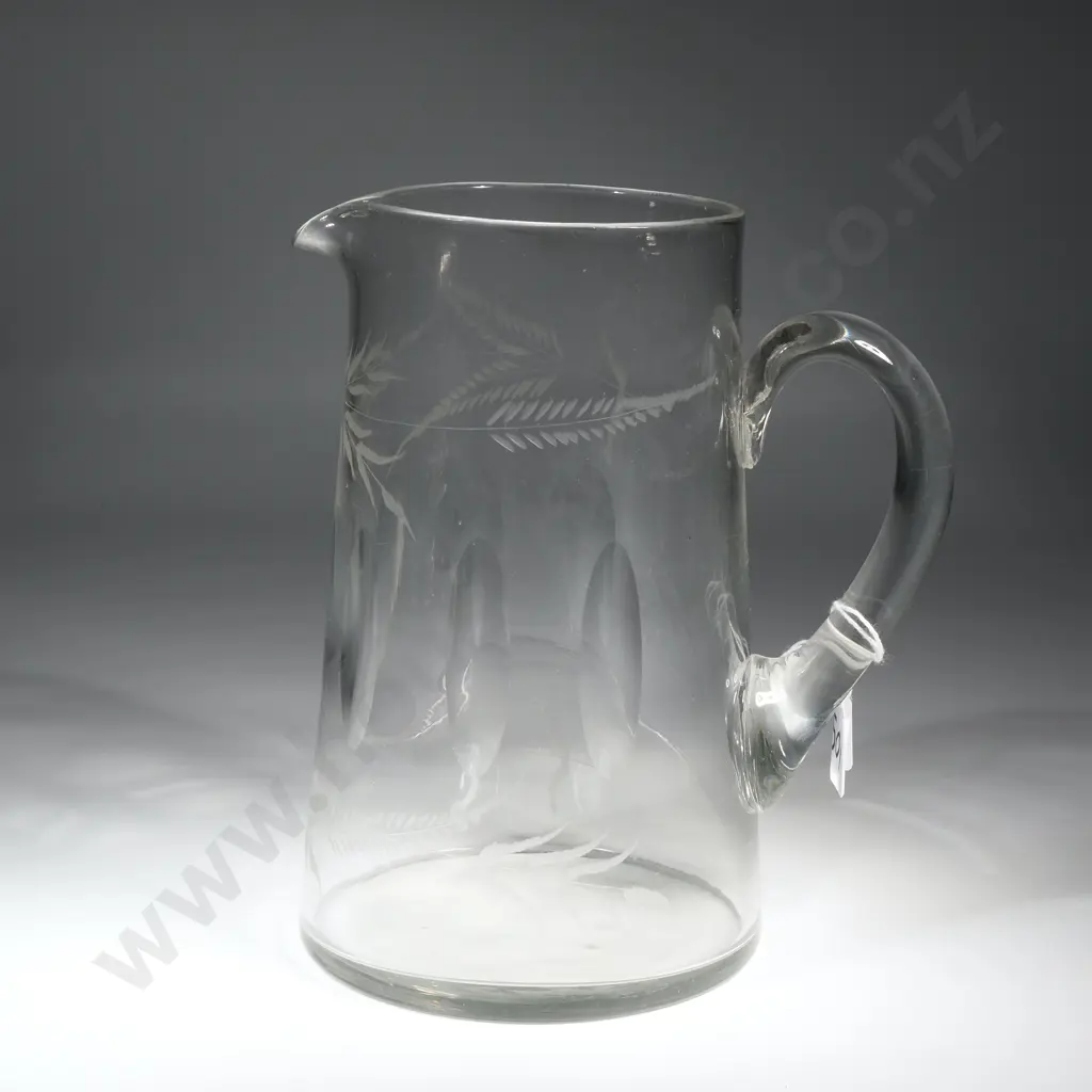 Edwardian Glass Water Jug w Dimpled Sides & Etched e  Ferns  Image 1++