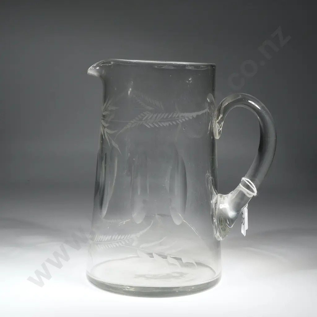 Edwardian Glass Water Jug w Dimpled Sides & Etched e  Ferns  Image 1++