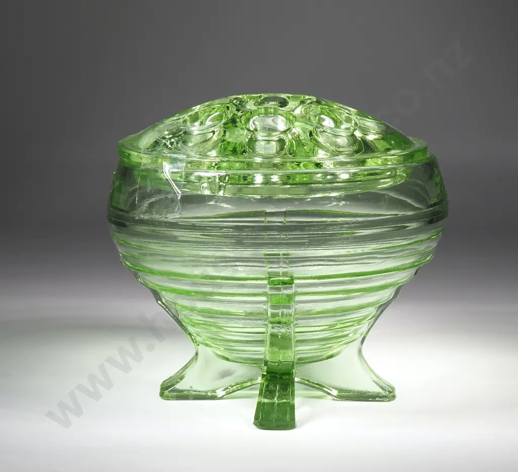 Art Deco Green Glass Bowl On Four Feet Complete w Frog.  Image 1++