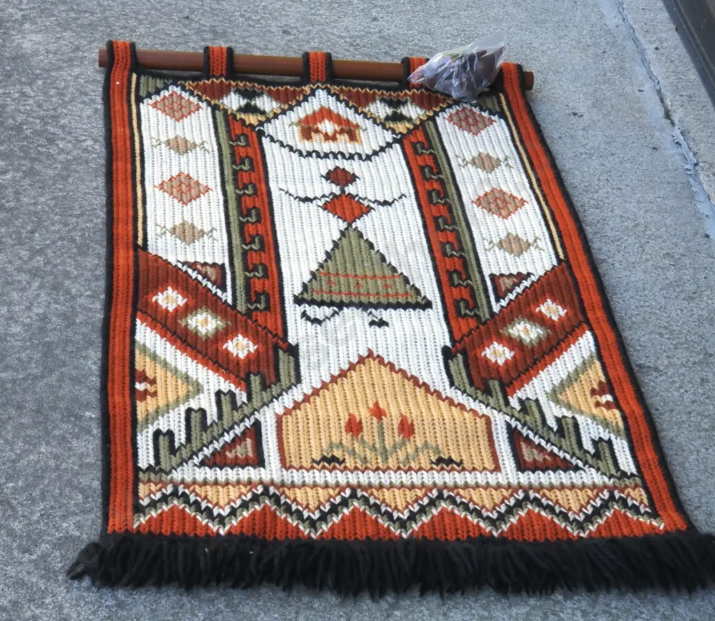 Woollen African Multi- Coloured Wall Hanging On A Wooden Hanger  Image 1++