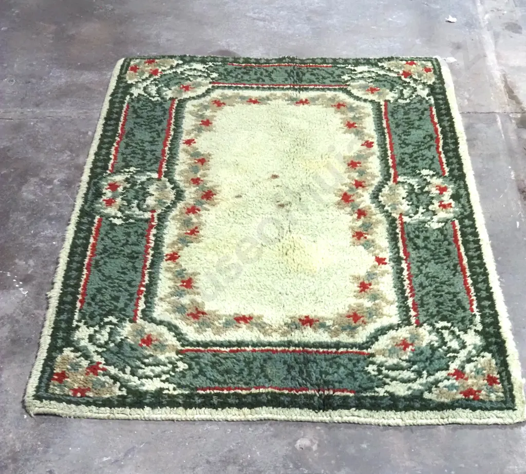 Vintage Hand Knotted Wool Rug w Green - Beige & Red Floral Design - Marks A/F Image 1++