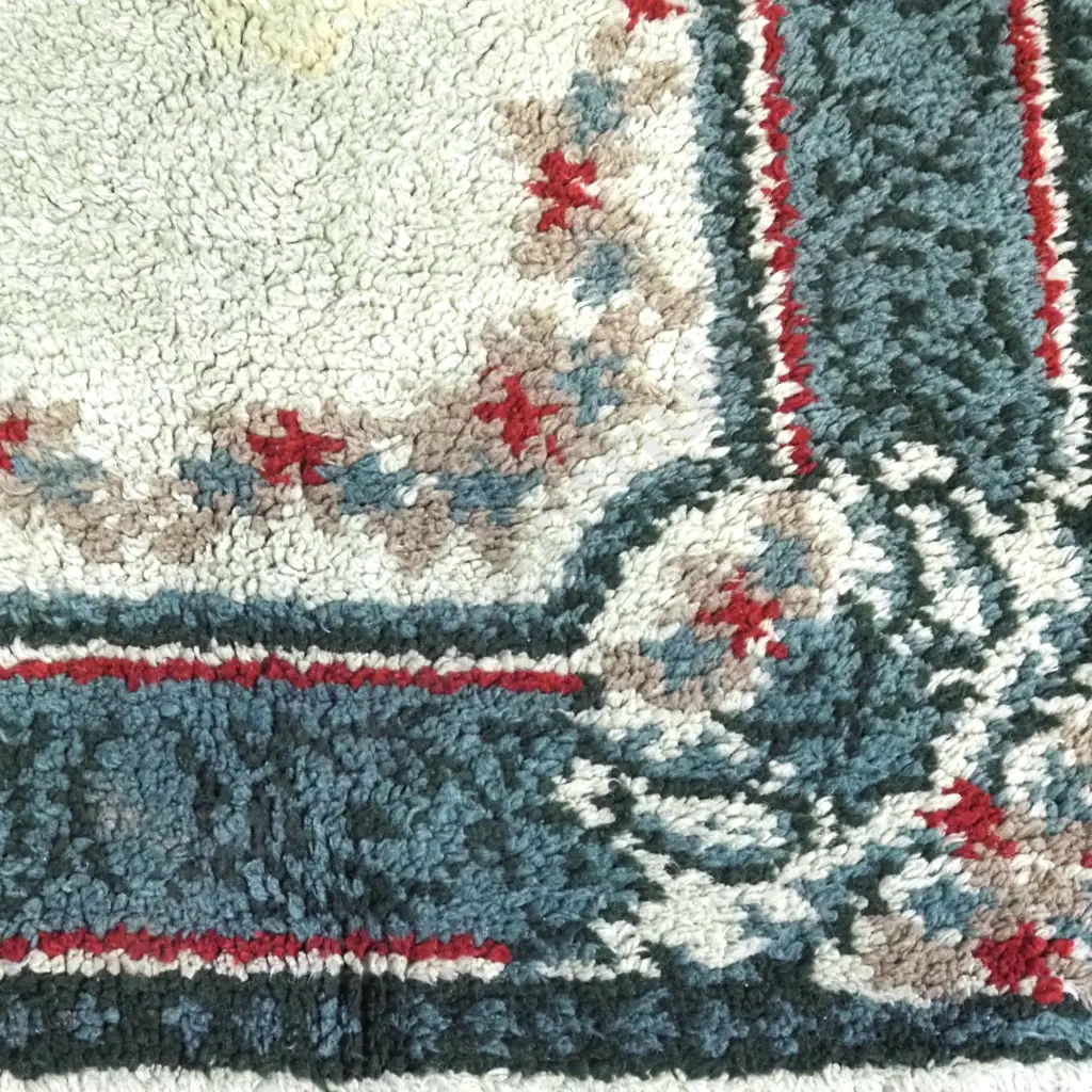 Vintage Hand Knotted Wool Rug w Green - Beige & Red Floral Design - Marks A/F Image 1++