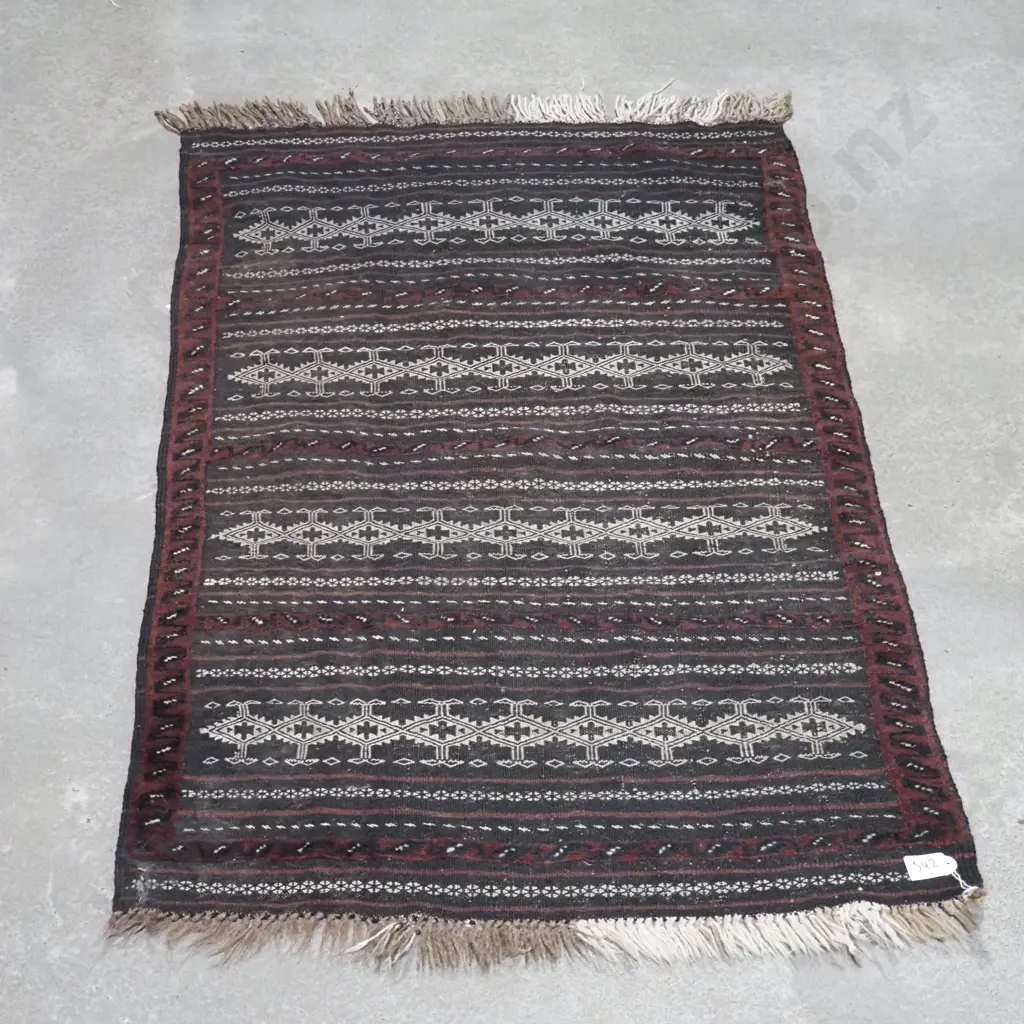 Hand Woven Tribal Kilim Rug Featuring Geometric Patterns & Stripe Motifs Image 1++