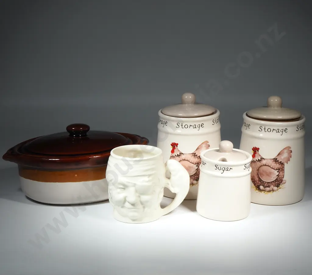 Three Lidded Storage Containers Decorated w Chickens. One for Sugar, A White Character Jug (Lancaster & Sunderland ) & Image 1++
