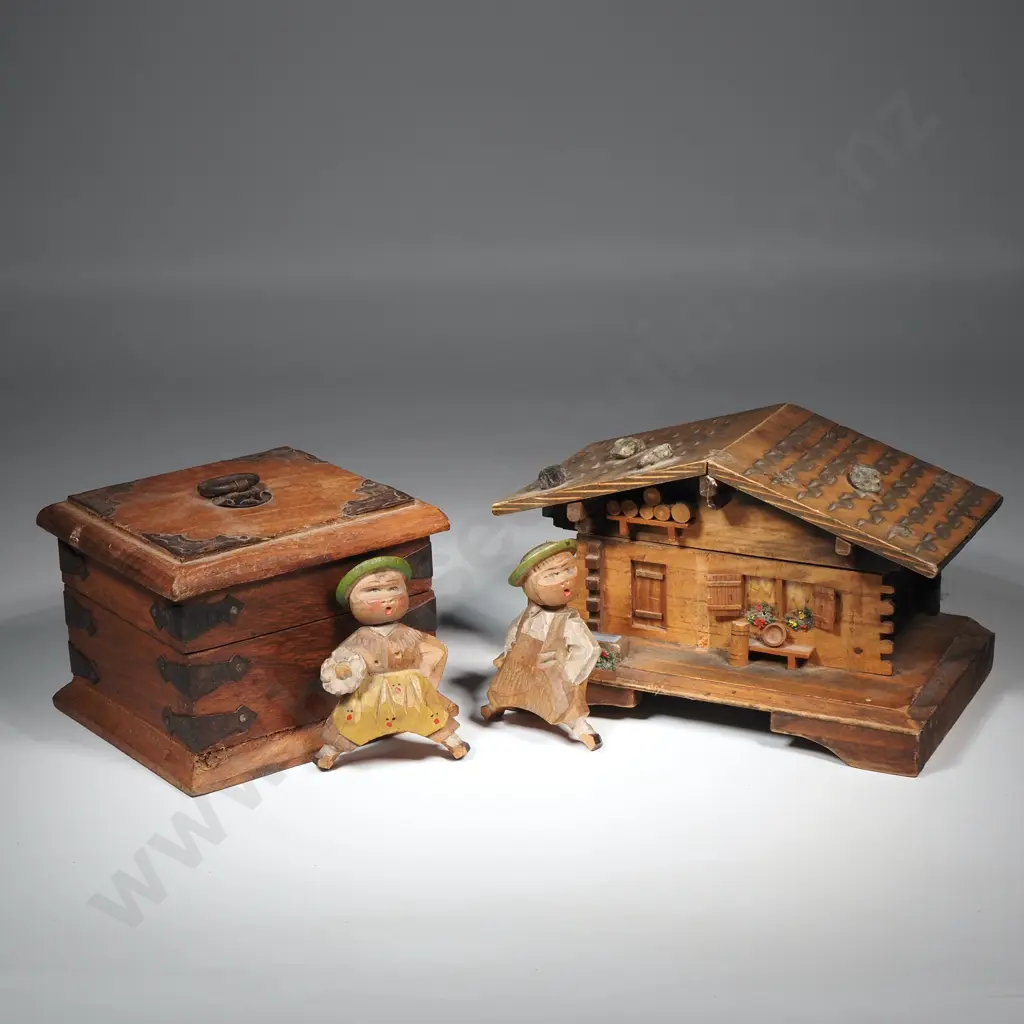 Vintage Jewellery Box in The Form Of A Swiss Cottage, Two Small Black Forest Figures, Indian Jewellery Box Image 1++