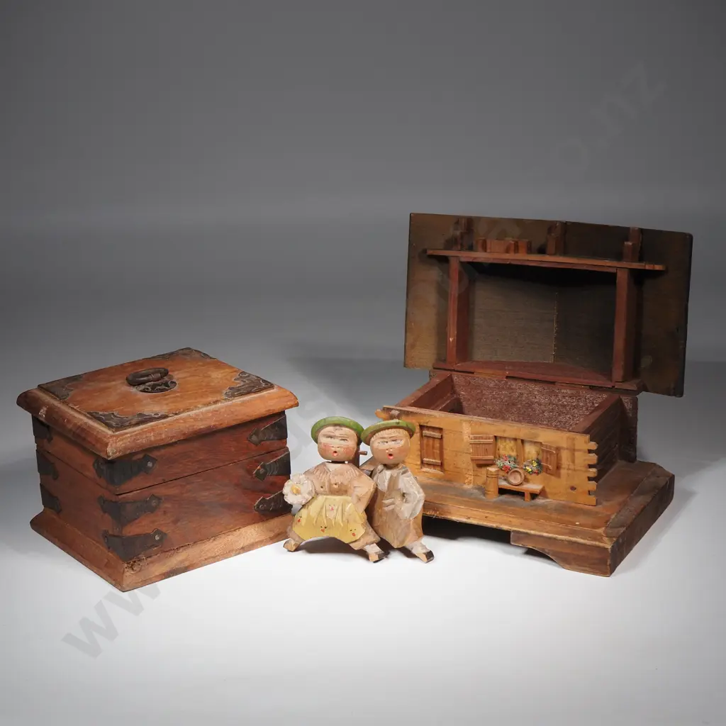 Vintage Jewellery Box in The Form Of A Swiss Cottage, Two Small Black Forest Figures, Indian Jewellery Box Image 1++