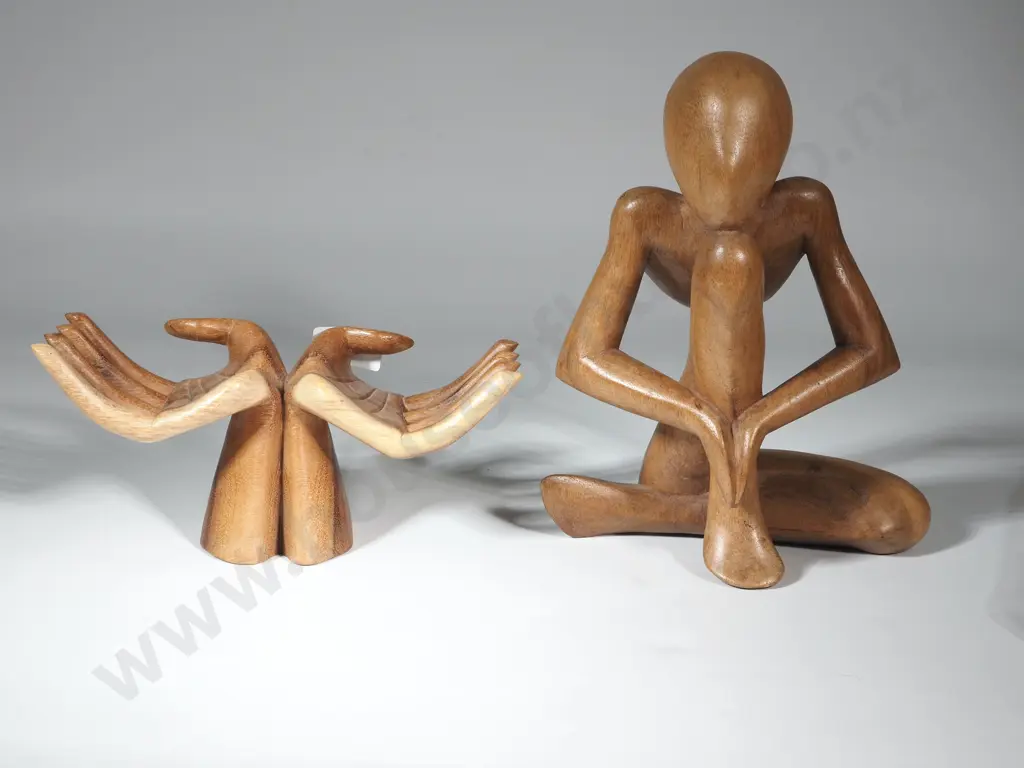 Balinese Figure Of A Pair Of Open Hands, & Wooden Stylised Sitting Figure Image 1++