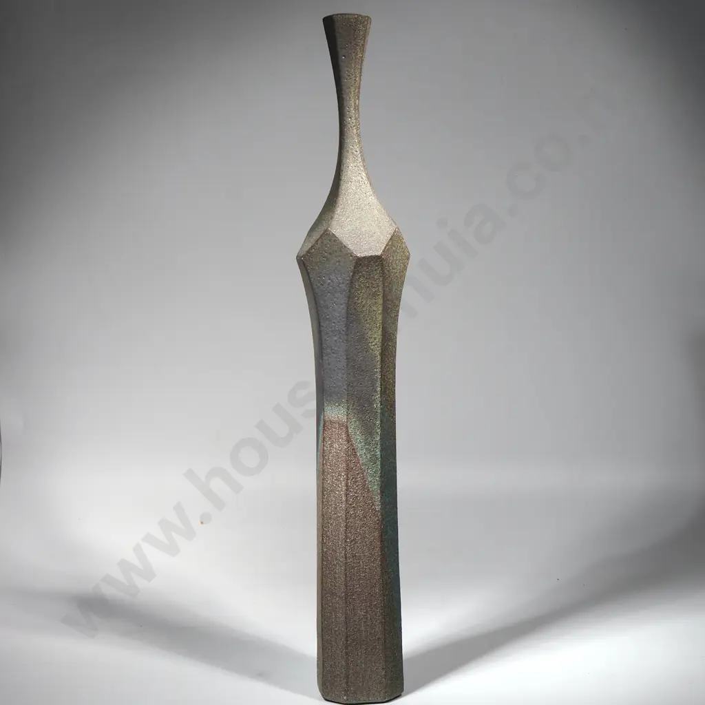 Aina Apse,  Facetted Pottery Bottle w Grey & Green  Textured Glaze . Image 1++