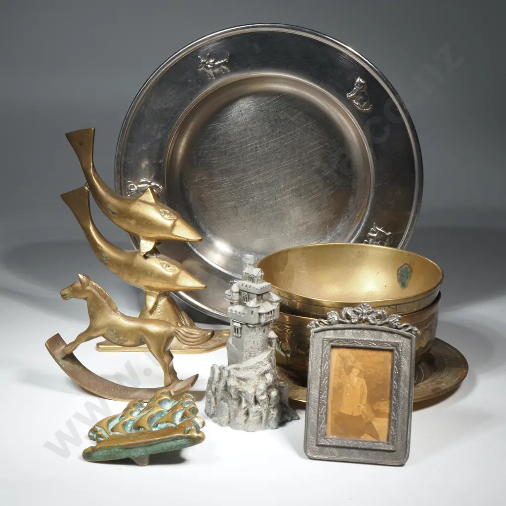 Collection of Metalware To Include Danish Selangor Baby Plate, Pewter Miniature Photo Frame & Miniature Castle. Image 1++
