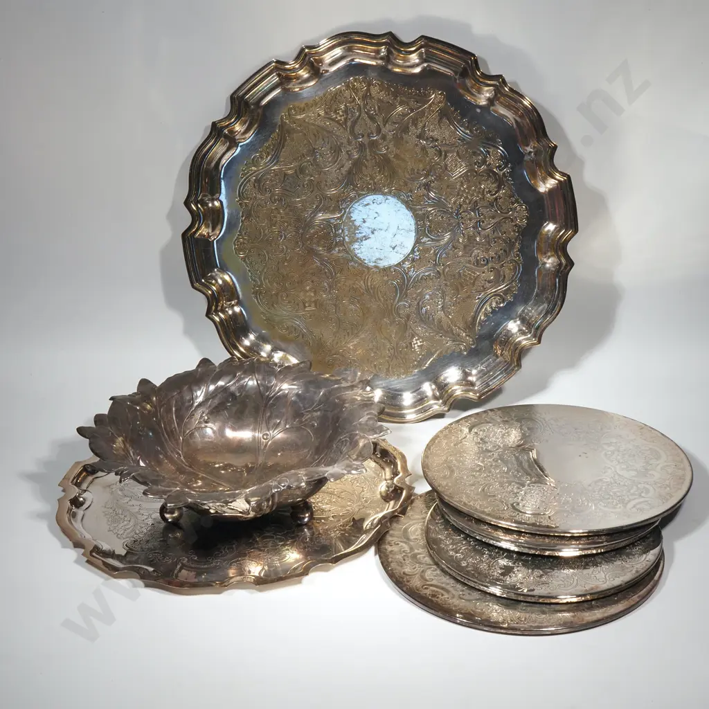 Two Silver Plated Salvers, Four Silver Plated Table Coasters & A WMF Leaf Design Bowl (EP Worn) Image 1++