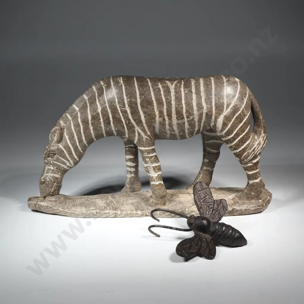 Vintage Stone Zebra Carving. Possibly African. Some Damage To Nose & Base  & A Cast Iron Bee  Image 1++